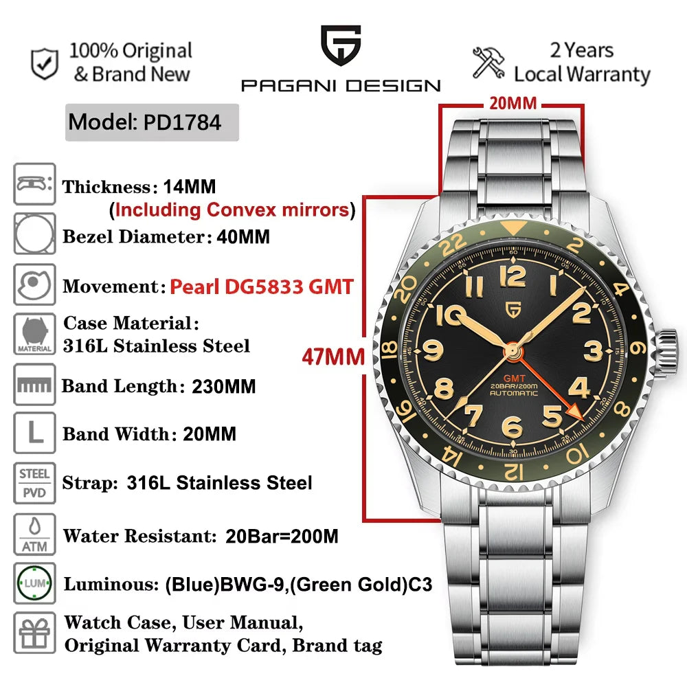 (Local delivery)PAGANI DESIGN New DG5833 GMT Men's Automatic Mechanical Watch Stainless Steel Sapphire 20Bar C3 reloj hombre