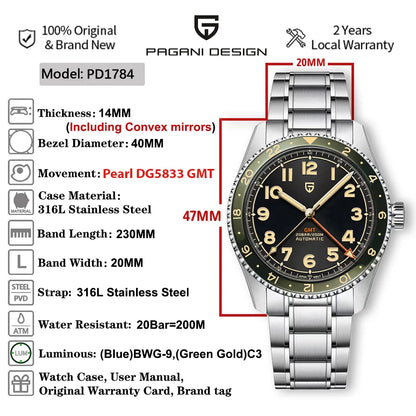 (Local delivery)PAGANI DESIGN New DG5833 GMT Men's Automatic Mechanical Watch Stainless Steel Sapphire 20Bar C3 reloj hombre