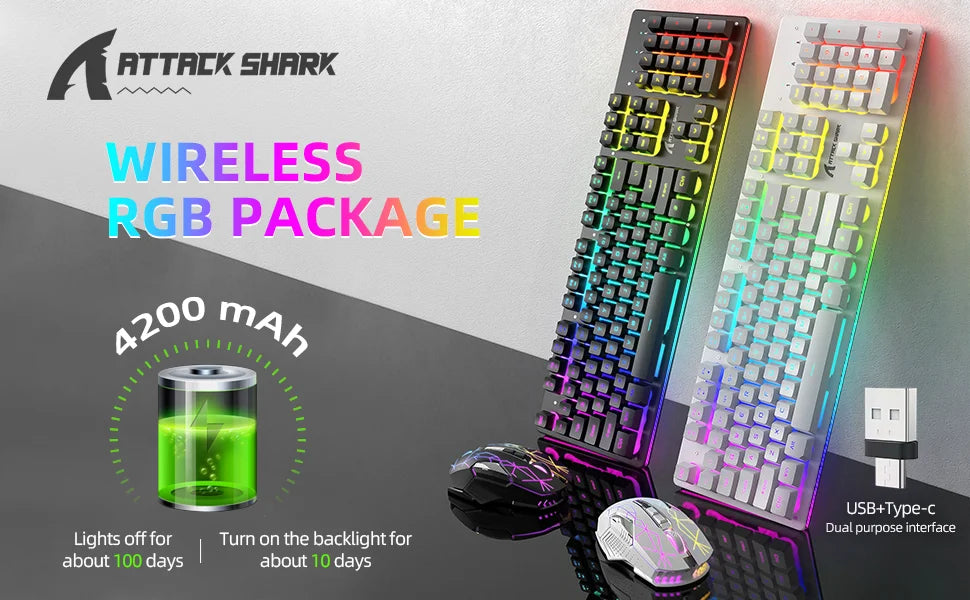 T3 Wireless Gaming Keyboard & Mouse Combo,Full Size RGB Chroma Backlit,Rechargeable 4200mAh USB/Type-C Dual Receiver Silent Mice