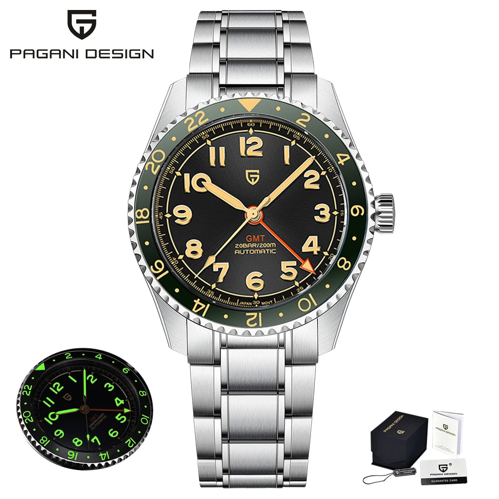 (Local delivery)PAGANI DESIGN New DG5833 GMT Men's Automatic Mechanical Watch Stainless Steel Sapphire 20Bar C3 reloj hombre
